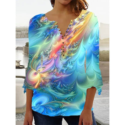 Women's 3d Digital Printing Button V-neck Flared Sleeves T-shirt